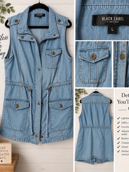 Black Label Jackets & Blazers - Black Label Light Blue Denim Utility Vest with Front Pockets